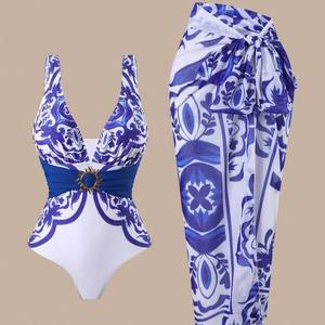 Baju Renang Mewah Satu Potong Berwarna Emas dengan Ikat Pinggang, Tank Bra Pinggang Tinggi Set 2 Potong Wanita dengan Rok Bermotif Serasi Anti-Bakteri Cepat Kering - Product Image 1