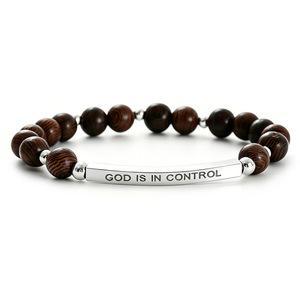 Braccialetto con Perline in Legno Naturale di Wenge, Incisione 'DIO È IN CONTROLLO' su Barra Curva in Acciaio Inossidabile, Gioiello Religioso Unisex per Uso Quotidiano, Regalo - Product Image 6