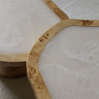 Grande Table Basse Nordique Ronde Moderne en Bois Nuage de Base Onyx Blanc Brillant, Marbre Imbriqué