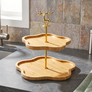 Support à dessert en bois sculpté à 2 niveaux avec poignée en forme de cerf doré, forme florale unique, présentoir durable pour gâteaux, collations, décoration - Product Image 1