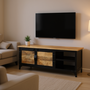 Mobile TV di Medie Dimensioni in Legno di Mango Massiccio Nero Marrone, Elegante Supporto per TV da Soggiorno - Product Image 2