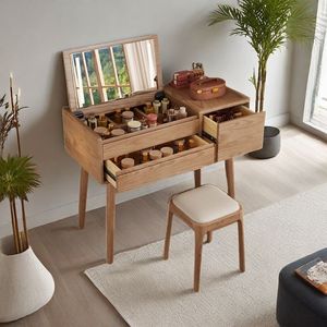 Solid Wood Flip Top Ash <b>Dressing</b> Table With Lighted Mirror Bedroom Makeup Vanity Natural Wood Color - Product Image 2