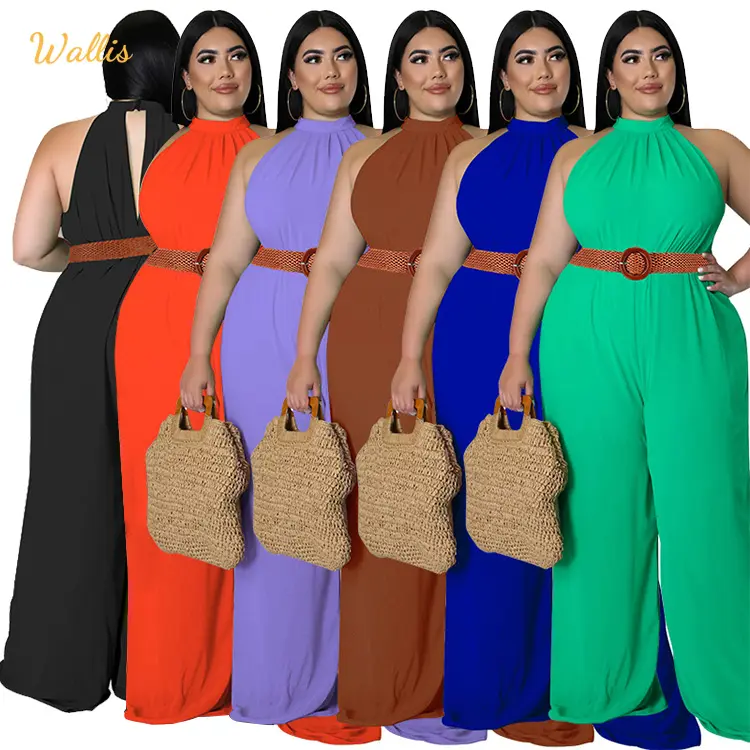 Dropshipping Ladies Sexy Plus Size Oversized Elegant Wide Leg Overalls Sleeveless Body Rompers Women Jumpsuit With Belt