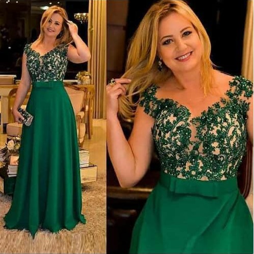 Plus Size Custom Made Green Color Mother of The Bride Dress Short Sleeve Beaded Lace Long Mother Evening Dresses