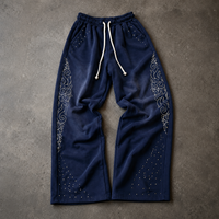 Pantalon de jogging vintage en molleton français teint par pulvérisation et délavé pour homme, coupe empilée, avec strass personnalisés, effet délavé à l'acide, jambe large, évasé et ample