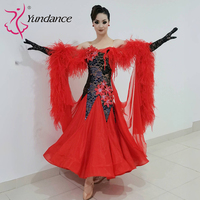 Robe de danse de salon Yundance B-25118 pour femmes adultes, compétition, scène, valse, lyrique, moderne, costume en satin rouge et mousseline de soie avec strass
