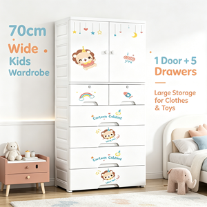 Armoire pour enfants Happy Lion de 70 cm de large, en plastique PP, avec 1 porte et tiroirs, organisateur de vêtements et de jouets pour bébé, commode pour chambre à coucher - Product Image 4