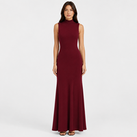 Robe longue maxi en maille bordeaux personnalisée pour femme, col montant, sans manches, coupe trapèze