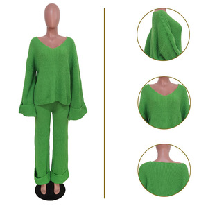TS1285 Ensemble de vêtements en tricot de haute qualité pour femmes, printemps et automne, décontracté, tricot ample et pantalon large - Product Image 6