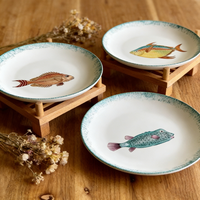 Assiettes rondes en céramique de 8 et 10 pouces, série Océan d'été, bord vert réactif, motif poisson personnalisé, pour hôtels et restaurants, assiettes à dîner et à steak