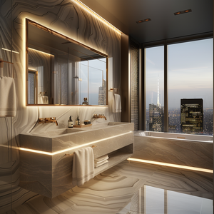 <span class=keywords><strong>Set</strong></span> Mobile da <span class=keywords><strong>Bagno</strong></span> Moderno per Hotel Impermeabile in Marmo con Doppio Lavabo e Specchio con Illuminazione - Product Image 1