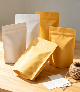 Sachet Doypack en Papier Kraft Qualité Alimentaire avec Fermeture Zip, Couleurs Blanc et Marron, Doublure en Feuille d'Aluminium, pour Snacks, Thé, Noix, Prêt à Expédier - Product Image 2