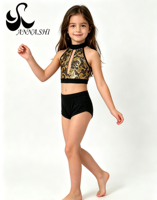 Costume de danse pour enfants noir et or à paillettes, haut court à bretelles avec longue ceinture en maille, short taille haute, tenue de danse 2 pièces