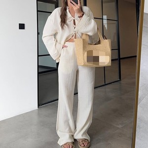 Ensemble de 2 pièces décontractées pour femmes, chemise à manches longues avec nœud papillon de couleur unie, pantalon à jambes larges, tendance - Product Image 3