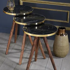 FurnatureDesign Round Shape Nesting Coffee Table Set of 3 Naturel Wood Leg Factory Price Nesting Tea Table Set Golden Edge PVC