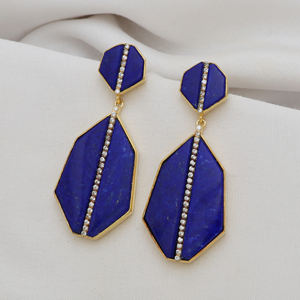 Vente en gros à bas prix de pierres naturelles lapis 925 argent 18k plaqué or boucles d'oreilles ensemble de bijoux pour femme - Product Image 2