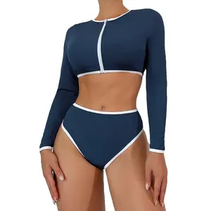 2024 neue europäische und amerikanische mode blau solide farbe lange Ärmel sonnencreme sexy korsett eng damen badeanzug