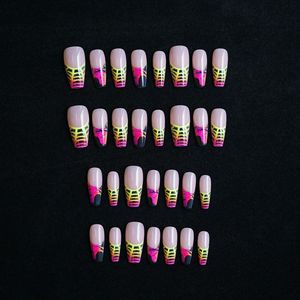 <span class=keywords><strong>Uñas</strong></span> postizas <span class=keywords><strong>de</strong></span> neón con diseño <span class=keywords><strong>de</strong></span> telaraña, largas, estilo ataúd, con punta francesa, degradado rosa, <span class=keywords><strong>amarillo</strong></span> y negro, <span class=keywords><strong>de</strong></span> acrílico, para mujer - Product Image 4