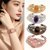 Bracelet manchette ovale en cristal naturel, style vintage filigrané, ajustable, multi-plaqué, bijoux bohèmes pour femme, vente en gros