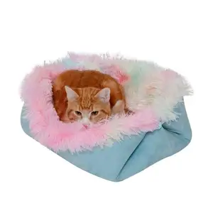 Cuddler convertible en fausse fourrure longue en peluche arc-en-ciel Lit pour chat lavable auto-chauffant 4 lits en 1 pour chats d'intérieur