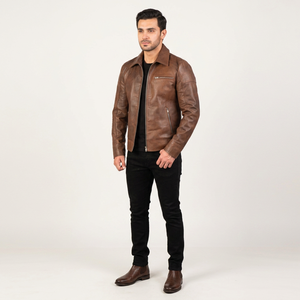 Men's Casual Zipper Style Genuine Leather <b>Jacket</b> <b>Slim</b> <b>Fit</b> Stand Collar Breathable Vintage Style Autumn Customized New Arrival - Product Image 1