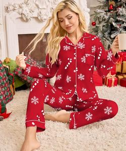 European-Style Christmas New Year Double Collar Pajama Set for Women Long Sleeves <b>Pants</b> Elastic Waist Soft Cartoon for Home Wear - Product Image 2