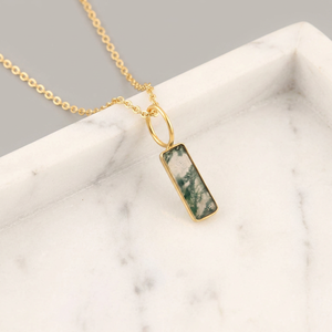 Minimalist jewelry natural stone moss agate bar shape pendant charms solid brass 18k gold plated bezel set <b>cable</b> chain necklace - Product Image 3