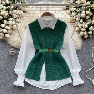 Mode Automne Chic : Gilets en tricot cintrés à la taille et Chemises blanches décontractées à manches longues à revers pour <span class=keywords><strong>femme</strong></span> - Product Image 1