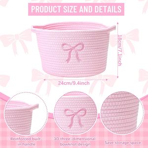 Vesici - Juego de 3 Cestas Pequeñas con Lazo Rosa, Cestas de Almacenamiento de Cuerda de Algodón Tejida, 9.7'' X 7.1'', Organizador de Ropa Sucia, Asas para Juguetes - Product Image 3
