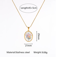 Kalung Liontin Oval Berlapis Emas Stainless Steel untuk Wanita, Rantai Ular Bermotif Bunga Kering Vintage, Perhiasan Fashion