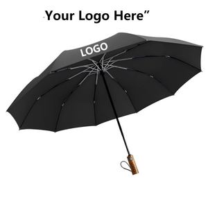 Parapluie d'affaires pliable automatique à 10 baleines en tissu haute densité avec bande réfléchissante, poignée en bois dépoli simple et logo imprimable - Product Image 3
