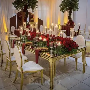 Tavolo da pranzo in vetro con struttura dorata per ricevimento di nozze rettangolare lungo di nuovo design