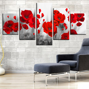 Conjunto de 5 piezas de <span class=keywords><strong>amapolas</strong></span> románticas, flores rojas, lienzo Modular, imagen artística, Impresión de pared, pinturas florales simples para sala de estar - Product Image 4