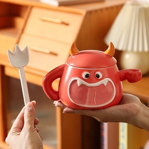 Taza de Cerámica con Diseño de <span class=keywords><strong>Diablillo</strong></span> Pintado a Mano, Linda Taza de Café Creativa con Tapa y Cuchara, Taza para Beber en el Desayuno en Casa - Product Image 3