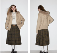 Pull cardigan en tricot à col en fourrure à capuche vintage américain pour femmes, automne et hiver, style décontracté, double fermeture éclair