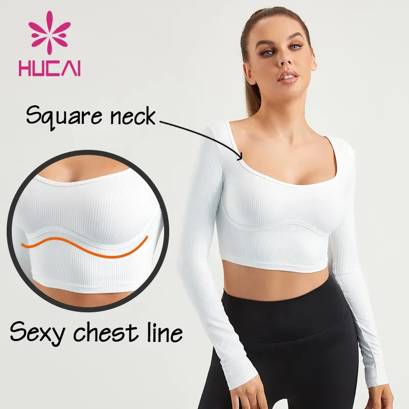 Hucai Custom Spandex Vierkante Hals Rib Sport T-Shirt Gebogen Geribbelde Lange Mouw Yoga Crop Top Gym Shirt Voor Vrouwen