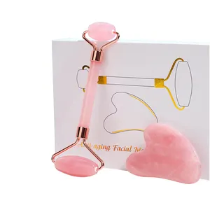 Actory-Rodillo de jade de cristal rosa para cara, juego de Gua Sha de cuarzo rosa natural, venta al por mayor