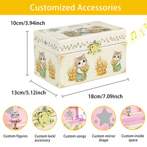 Boîte à musique et à bijoux <span class=keywords><strong>chat</strong></span> mignon - Organisateur en papier avec miroir étoilé HD, chaton rotatif et serrure, cadeau floral pour filles et enfants - Product Image 3