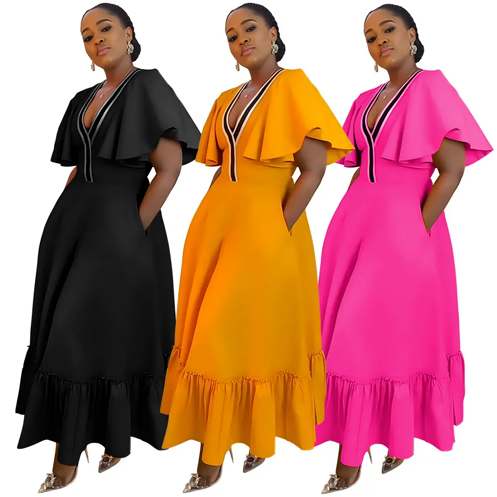 N7982 Африканское женское Плиссированное Повседневное платье с V-образным вырезом и рукавами-рюшами, однотонное платье с коротким рукавом, модные длинные платья больших размеров