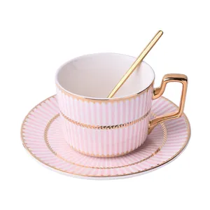 Luxury Tea Cup And Saucer 240ml Latte Gold Rim Porcelain Cup Set For Wedding Party Tea Coffee Cup With Saucer Set