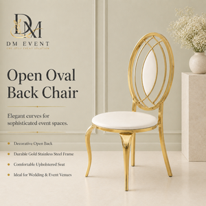 Chaise de mariage ovale en acier inoxydable doré avec dossier entrelacé et siège rembourré pour événements hôteliers et banquets – Vente en gros - Product Image 1