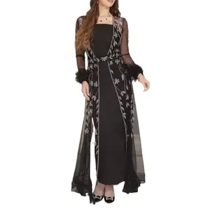 Pure black see through lace fabric big area rhinestone pattern out abaya with wrist feather slip inner dress abaya set