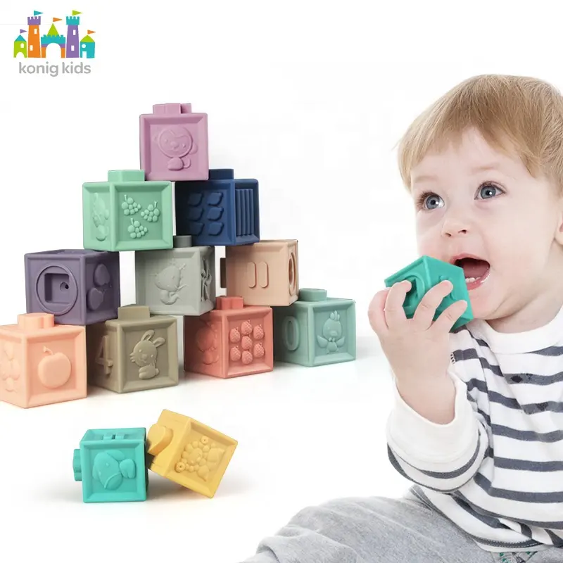 Konig Kids Amazon Hot Sale 3D Silicone Rubber Teether Building Blocks Baby Educational Toys