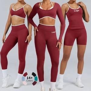 Custom logo Womens Workout Sets 5 Piece Seamless Color Block Yoga Outfits Shorts Leggings Crop <b>Top</b> Gym Athletic Clothing Set - Product Image 2
