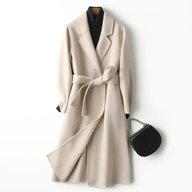 Sobretudo feminino clássico, casaco de lã de caxemira comprimento total com cinto