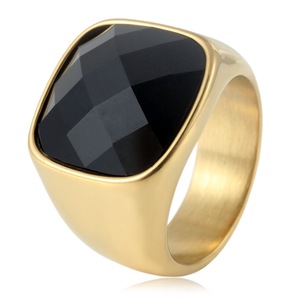 yunnique Men's <b>Gold</b> Steel Color Geometric <b>Ring</b> With Black Faceted Stone Bezel Setting Fashion Jewelry Gift - Product Image 1