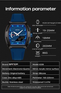 SANDA 6339 Montre unique de forme tonneau à grand cadran, montre-bracelet électronique de sport multifonctionnelle étanche avec heure mondiale - Product Image 5