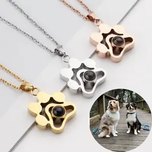 Paw Print Charm Gold Plated Stainless Steel Jewelry I Love You In 100 Languages Custom Photo Projection Necklace For Women