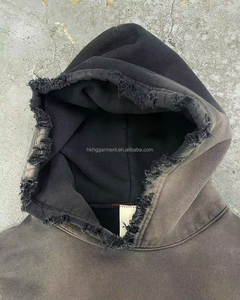 OEM Custom Heavyweight 450 Gsm Distressed Washed Vintage Mens Loose Oversized Boxy Cropped Mens Acid Faded Ripped off Hoodie - Product Image 2