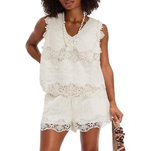 Conjunto de 2 Piezas Personalizado 2026 para Mujer, Top de Encaje Bordado y Pantalones Cortos, Cuello Redondo, Algodón y Fibra de Bambú, Ropa de Playa de Verano - Product Image 2